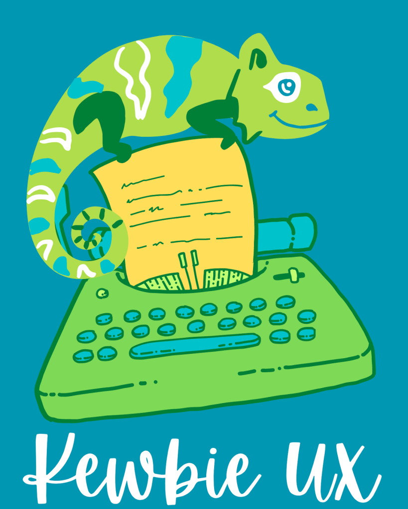 A green, blue, and white smiling chameleon balancing on a yellow page coming out of a green and blue typewriter. Below is the text "Kewbie UX" in white font over a blue background