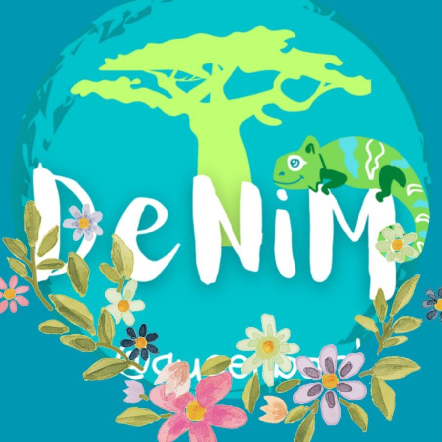 The name DeNiM in white font, infront of a green baobab silhouette, against a turquoise background. A smiling green, blue, and white chameleon balances on the M of DeNiM. Below is a bough of white, pink, purple flowers.