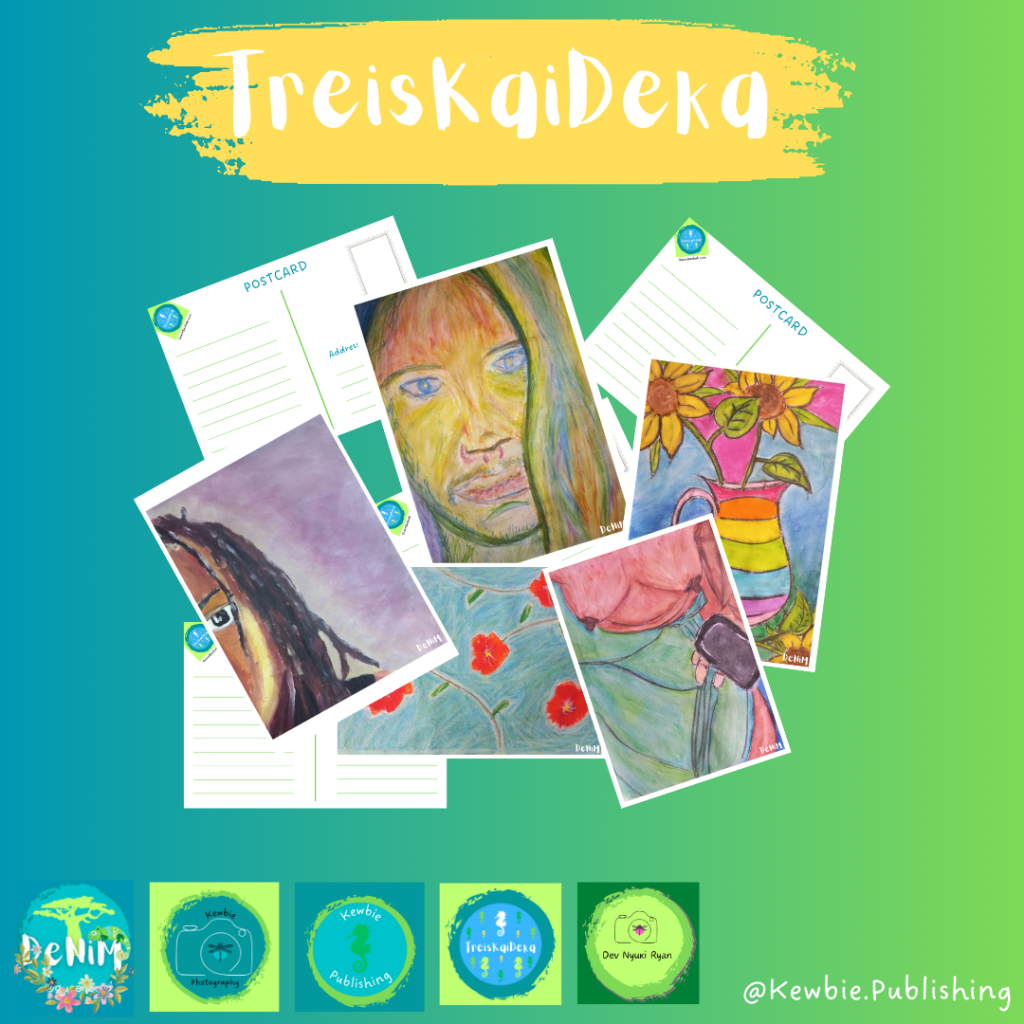 "TreisKaiDeka" in white on a yellow brushstroke. Below is a jumble of postcards. In the bottom left corner are the logos for DeNiM, Kewbie Photography, Kewbie Publishing, TreisKaiDeka, and Dev Nyuki Ryan. In the bottom right corner is the Instagram handle for Kewbie Publishing in white font: @Kewbie.Publishing