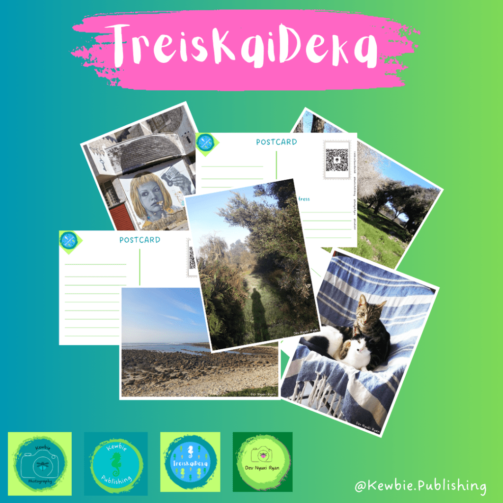 "TreisKaiDeka" in white on a pink brushstroke. Below is a jumble of postcards. In the bottom left corner are the logos for Kewbie Photography, Kewbie Publishing, TreisKaiDeka, and Dev Nyuki Ryan. In the bottom right corner is the Instagram handle for Kewbie Publishing in white font: @Kewbie.Publishing