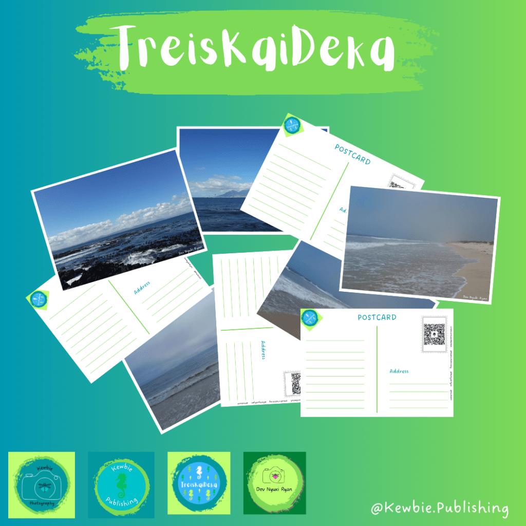 "TreisKaiDeka" in white on a light green brushstroke. Below is a jumble of postcards. In the bottom left corner are the logos for Kewbie Photography, Kewbie Publishing, TreisKaiDeka, and Dev Nyuki Ryan. In the bottom right corner is the Instagram handle for Kewbie Publishing in white font: @Kewbie.Publishing