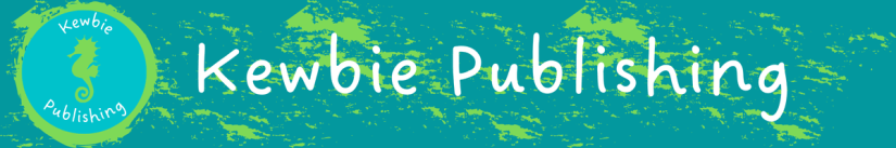 "Kewbie Publishing" in white font over a dark turquoise background with grass green speckles. The Kewbie Publishing sits on the left: a dark green seahorse silhouette on a light blue circle with a grass green brushstroke border on a dark turquoise background