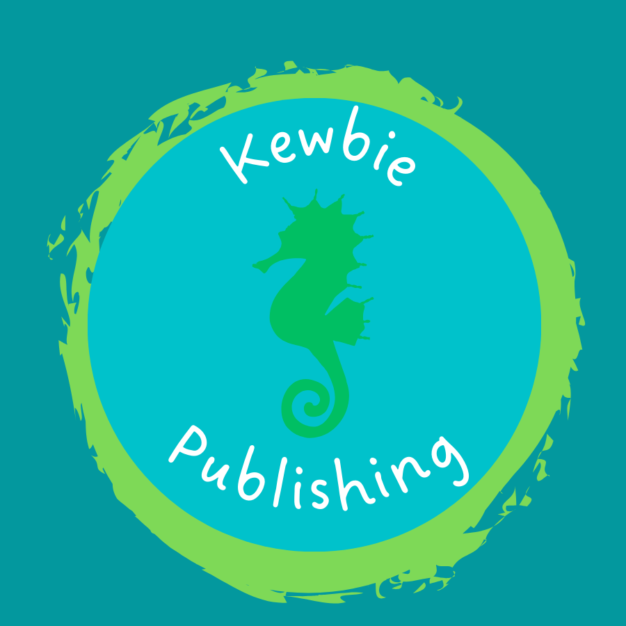 Kewbie Publishing logo with a green seahorse silhouette sitting on a light blue circle surrounded by a grass green circular brushstroke on a dark turquoise background, with the words "Kewbie" and "Publishing" in white font above and below the seahorse
