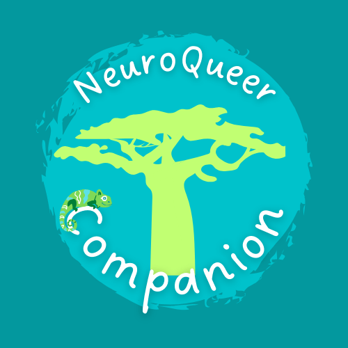 NeuroQueer Companion logo with a light green baobab silhouette sitting on a light blue circle surrounded on a dark turquoise background with the words "NeuroQueer" and "Companion" in white font below and above the baobab. There's a smiling chameleon sitting on the C of "Companion"